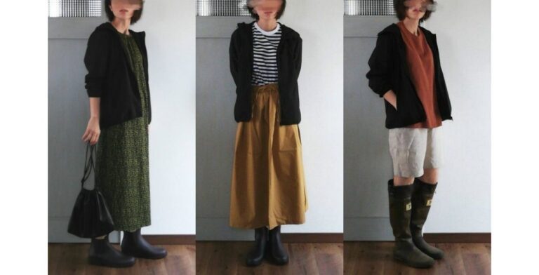 超優秀！GUメンズパーカー1990円が雨の日コーデに大活躍！40代向けレインブーツコーデ