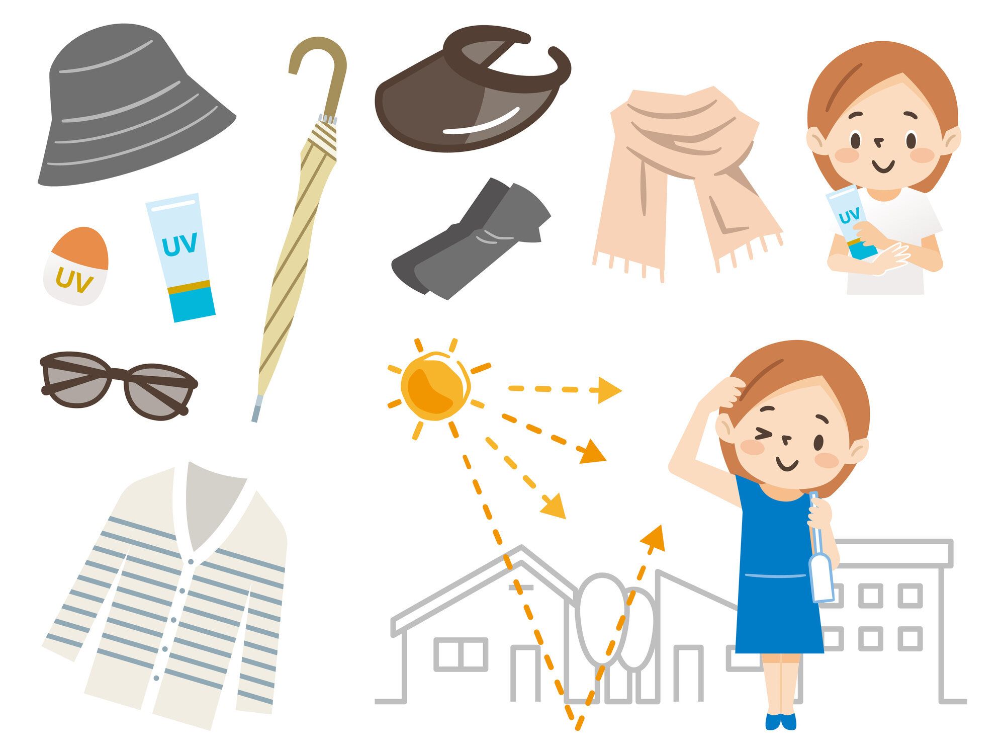 日焼けに逆らう女性のイラストセット