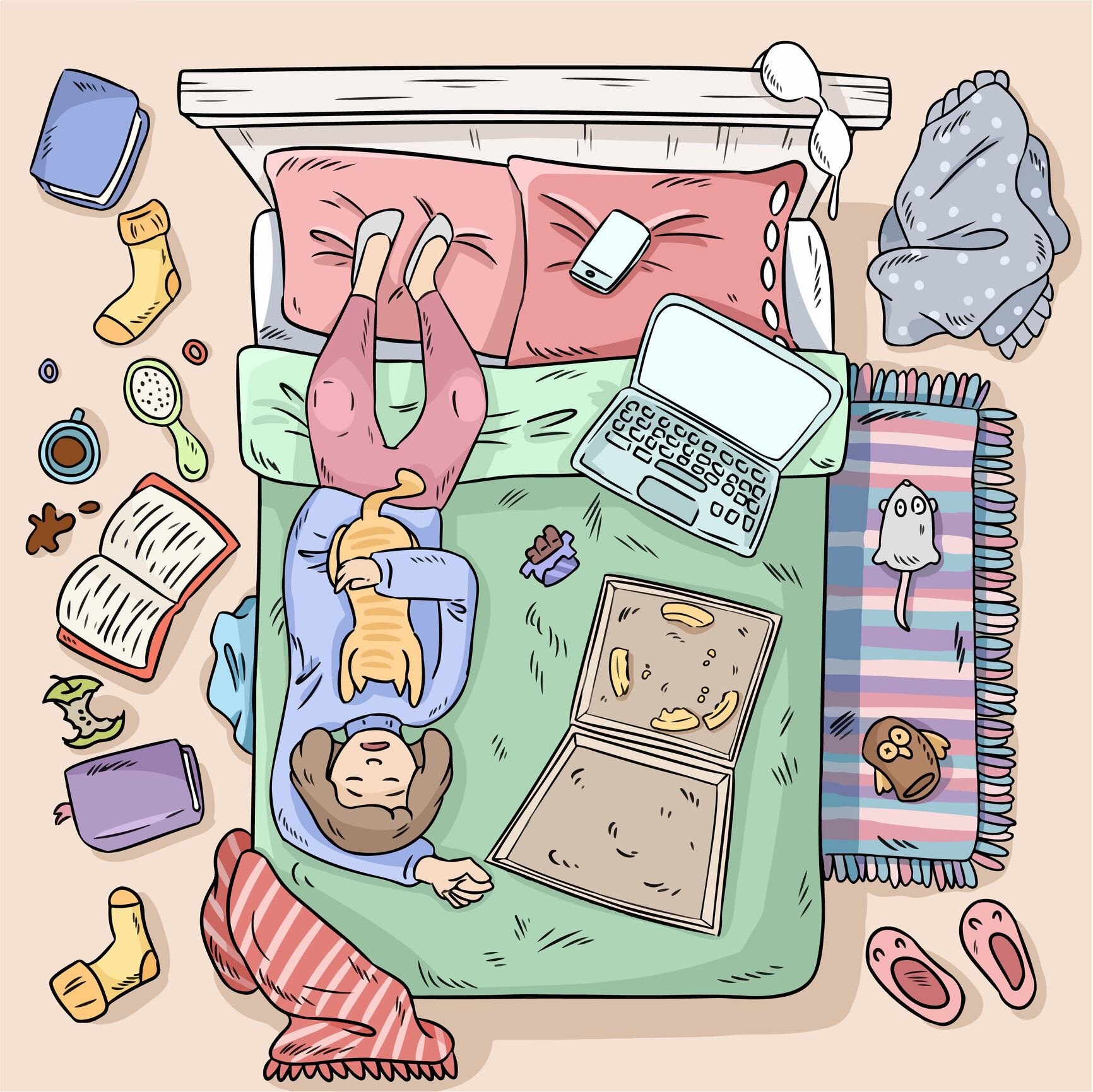 女の子はベッドの上先延ばし。自宅の大きな混乱。コミック スタイルのイメージ。平面図です。