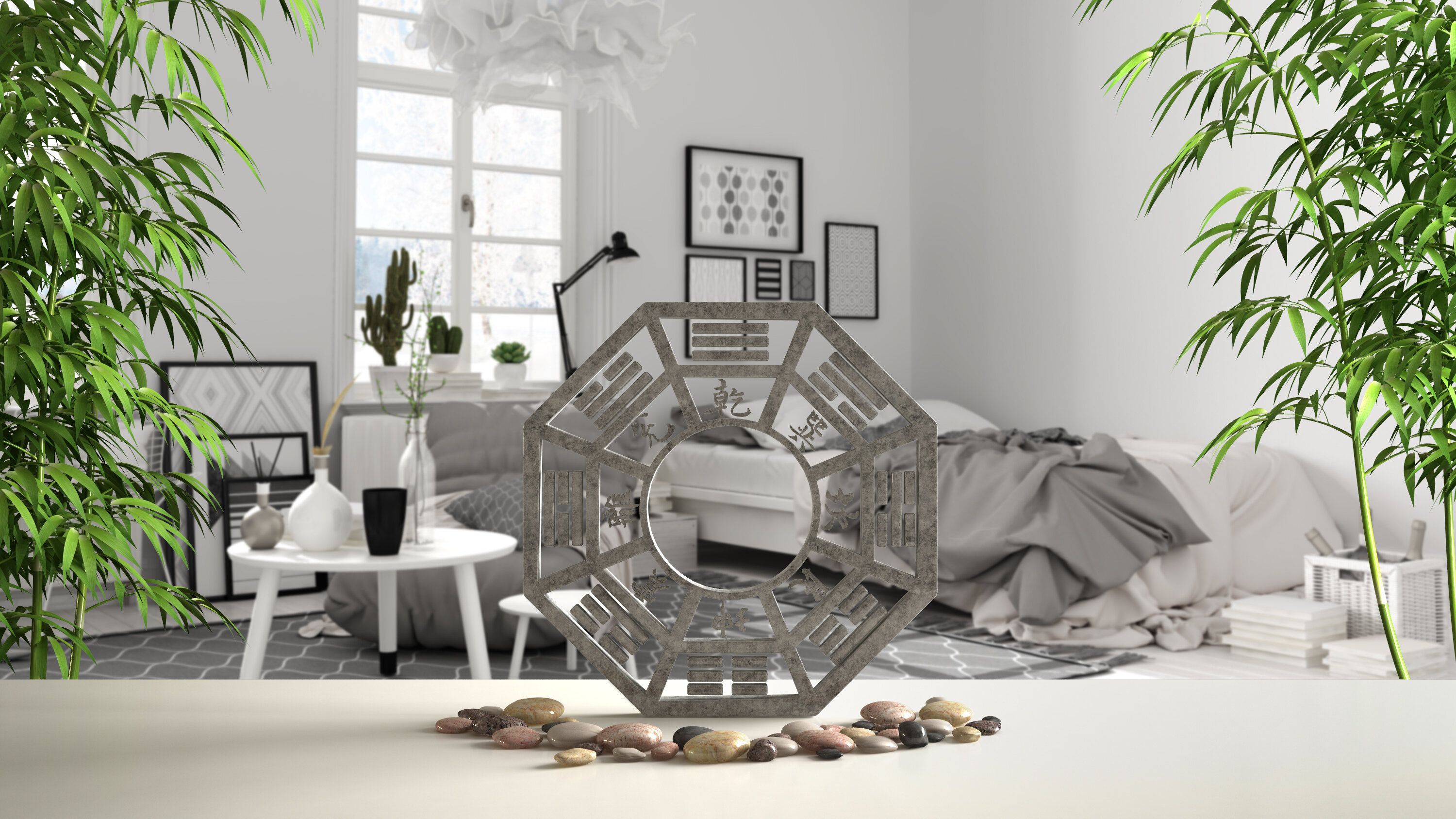 バグア、小石石と竹の植物、スカンジナビアの白と木製の寝室、コーヒーテーブル、禅のコンセプトインテリアデザイン、風水テンプレートのアイデアの背景と白いテーブル棚