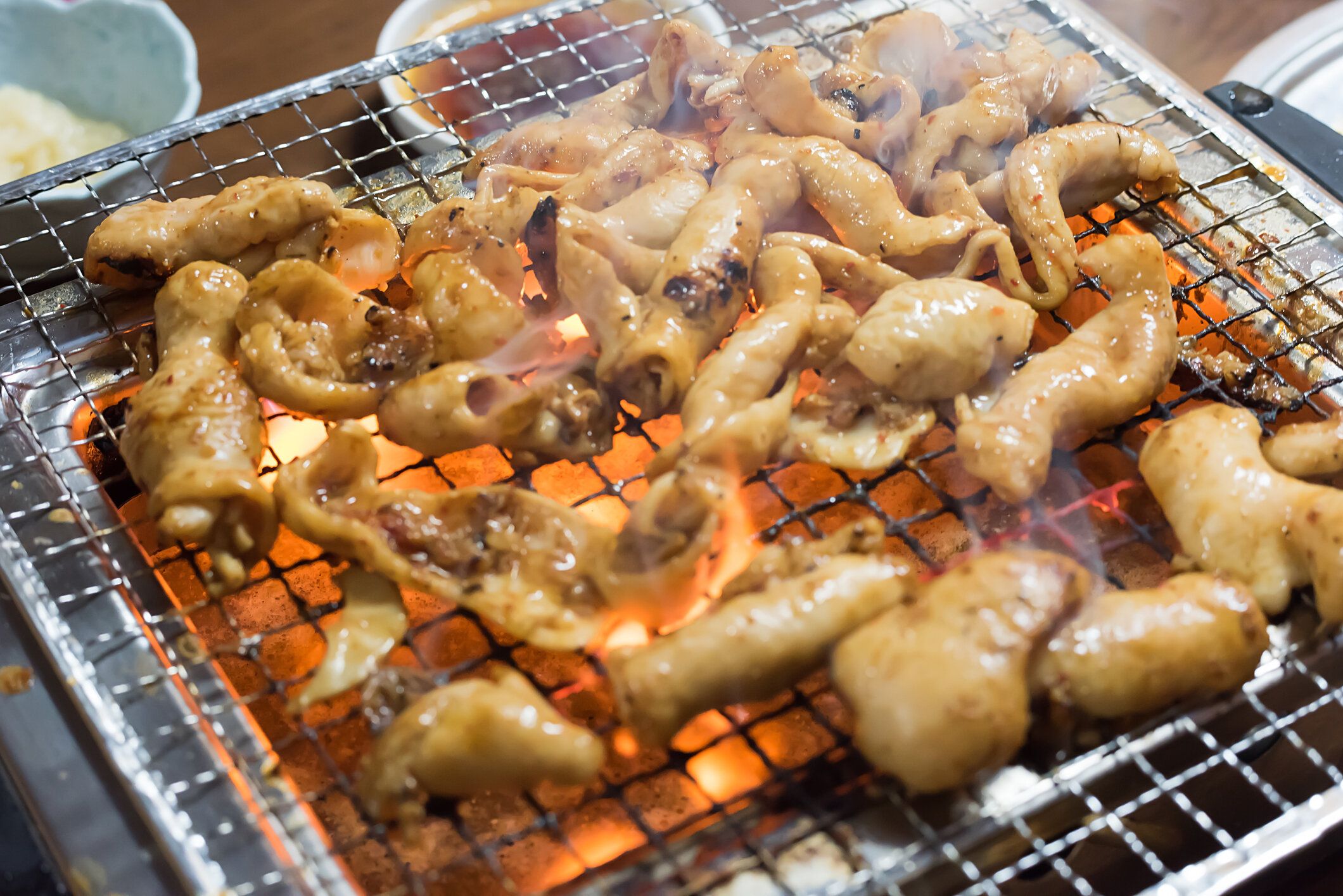 火の炎をネットで焼くホルモン