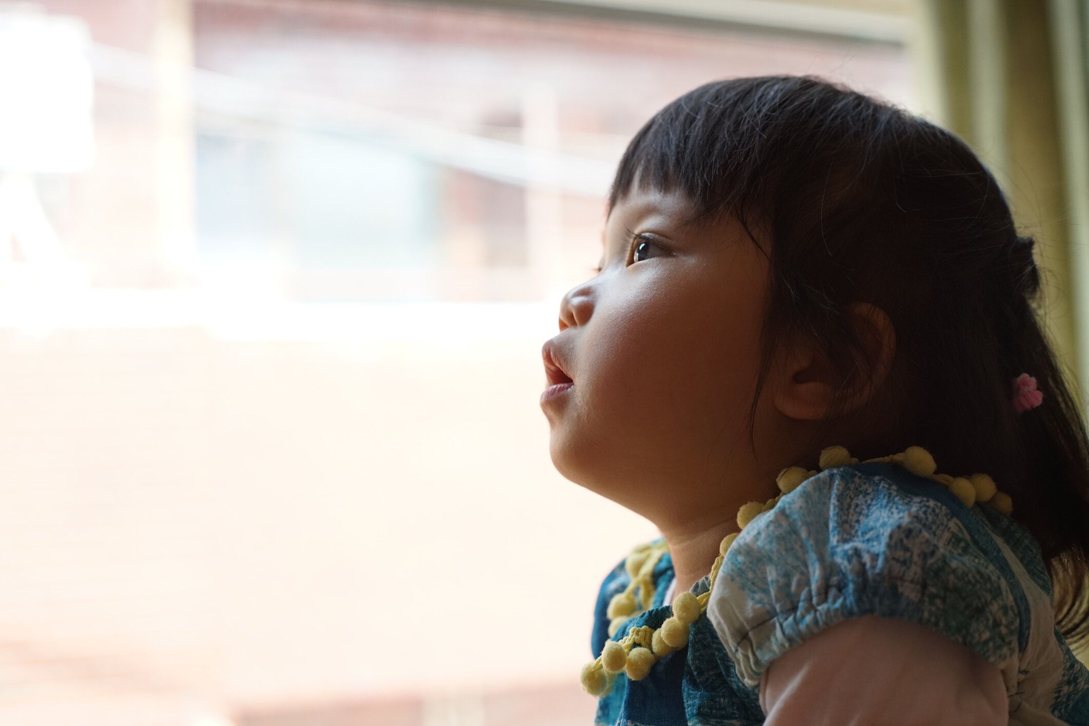 日本の赤ちゃん女の子は窓から外