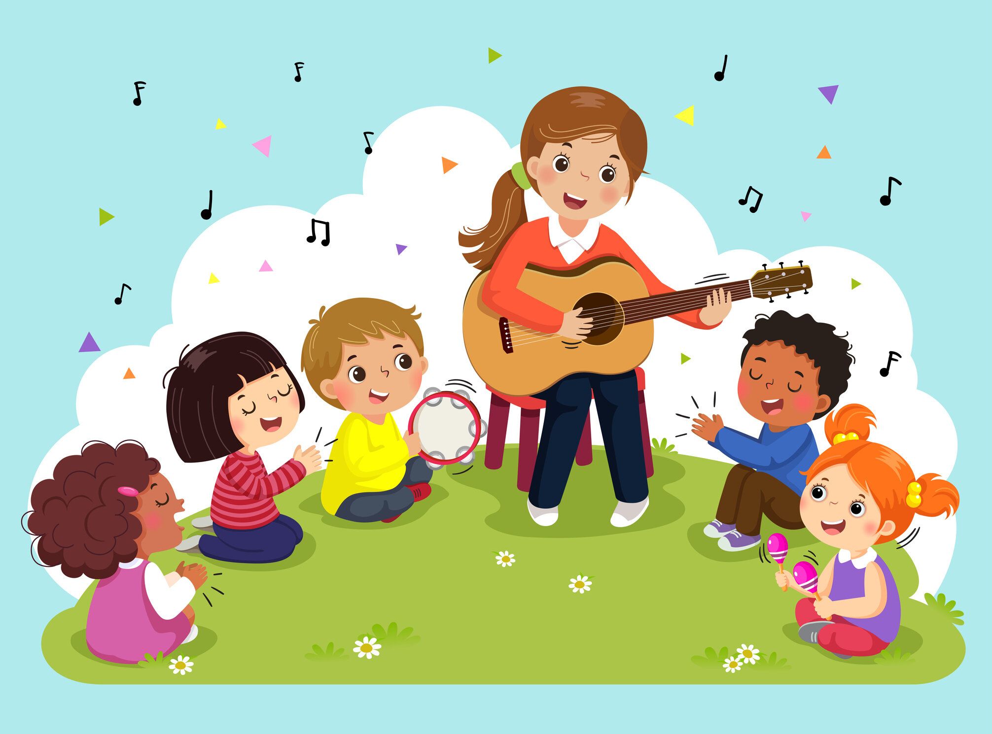 子供たちのグループでギターを弾く若い女性が歌い、楽器を演奏しています。公園で音楽を聴く女性教師と生徒たち。