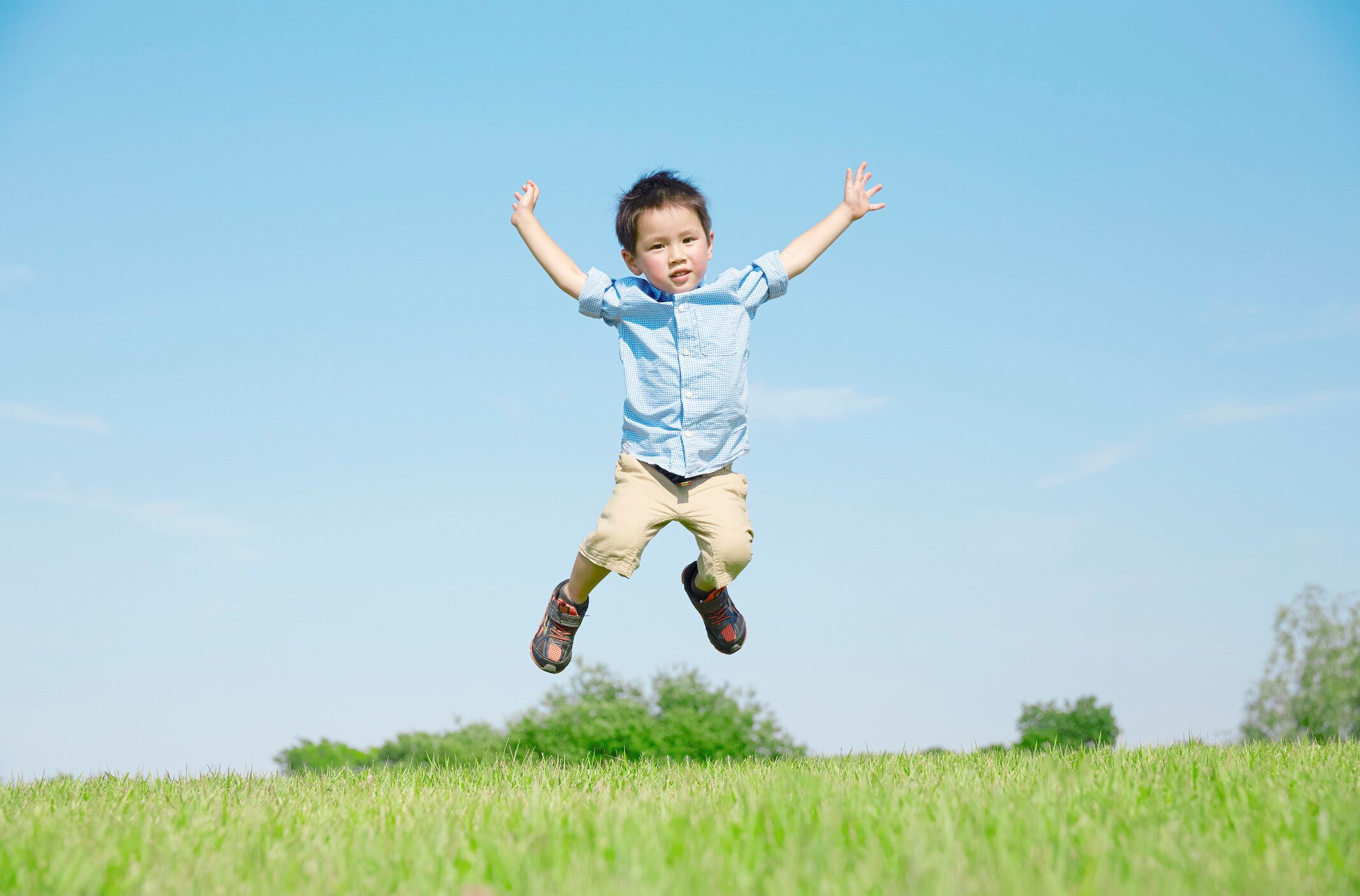 フィールドで遊ぶ日本人の少年