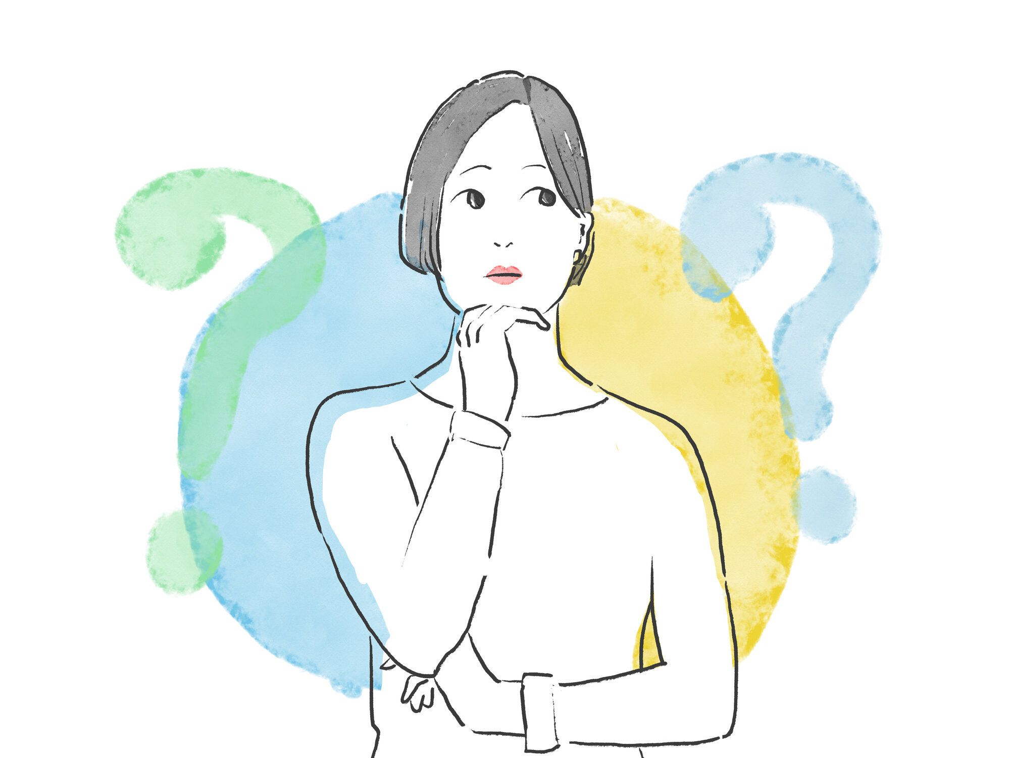 あごに手を置いた不思議なアジア人女性のイラスト。白い背景に疑問符を持つ思慮深い女性。