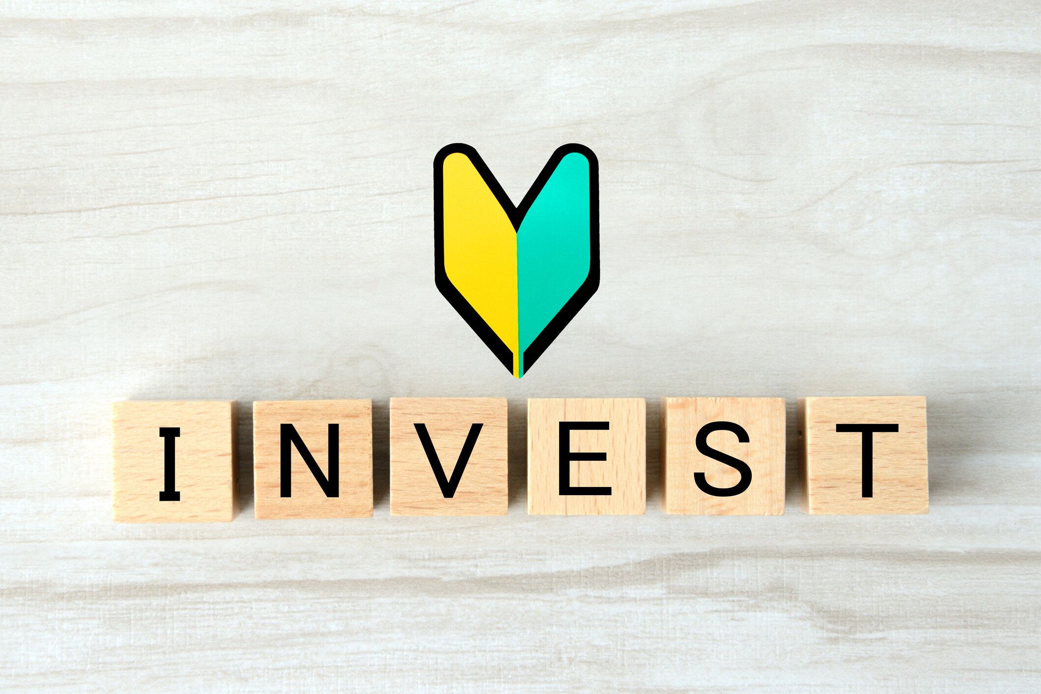 投資語で日本語の初心者サインと木のブロック