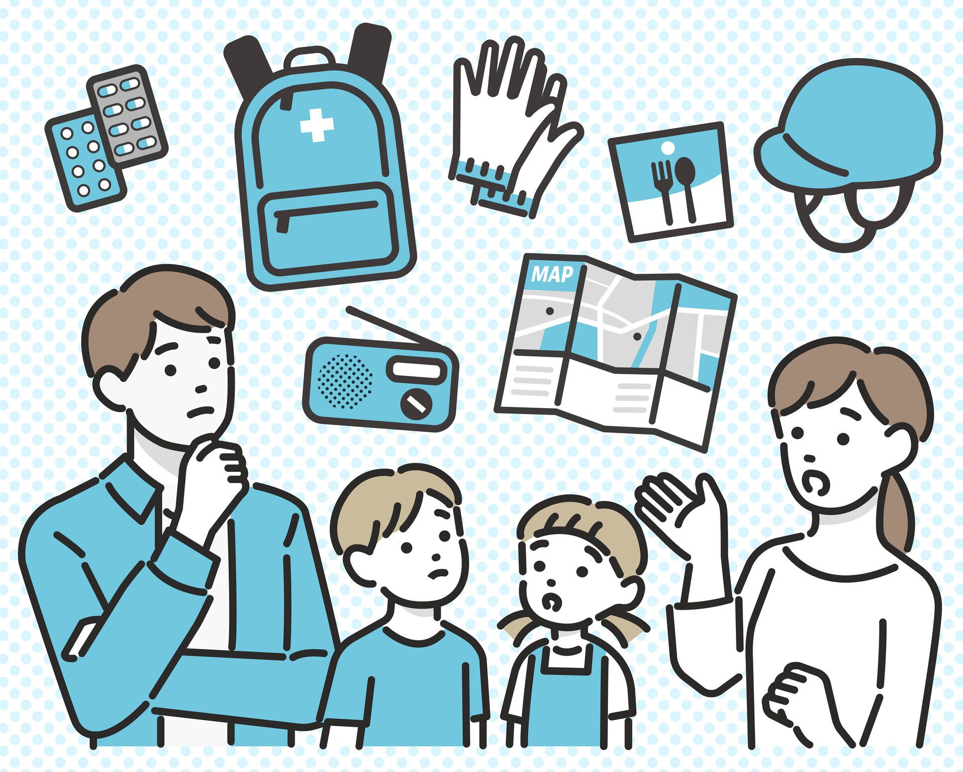 防災グッズ/非常用品/防災用品/持ち出しバッグのシンプルで使いやすいベクターイラスト素材