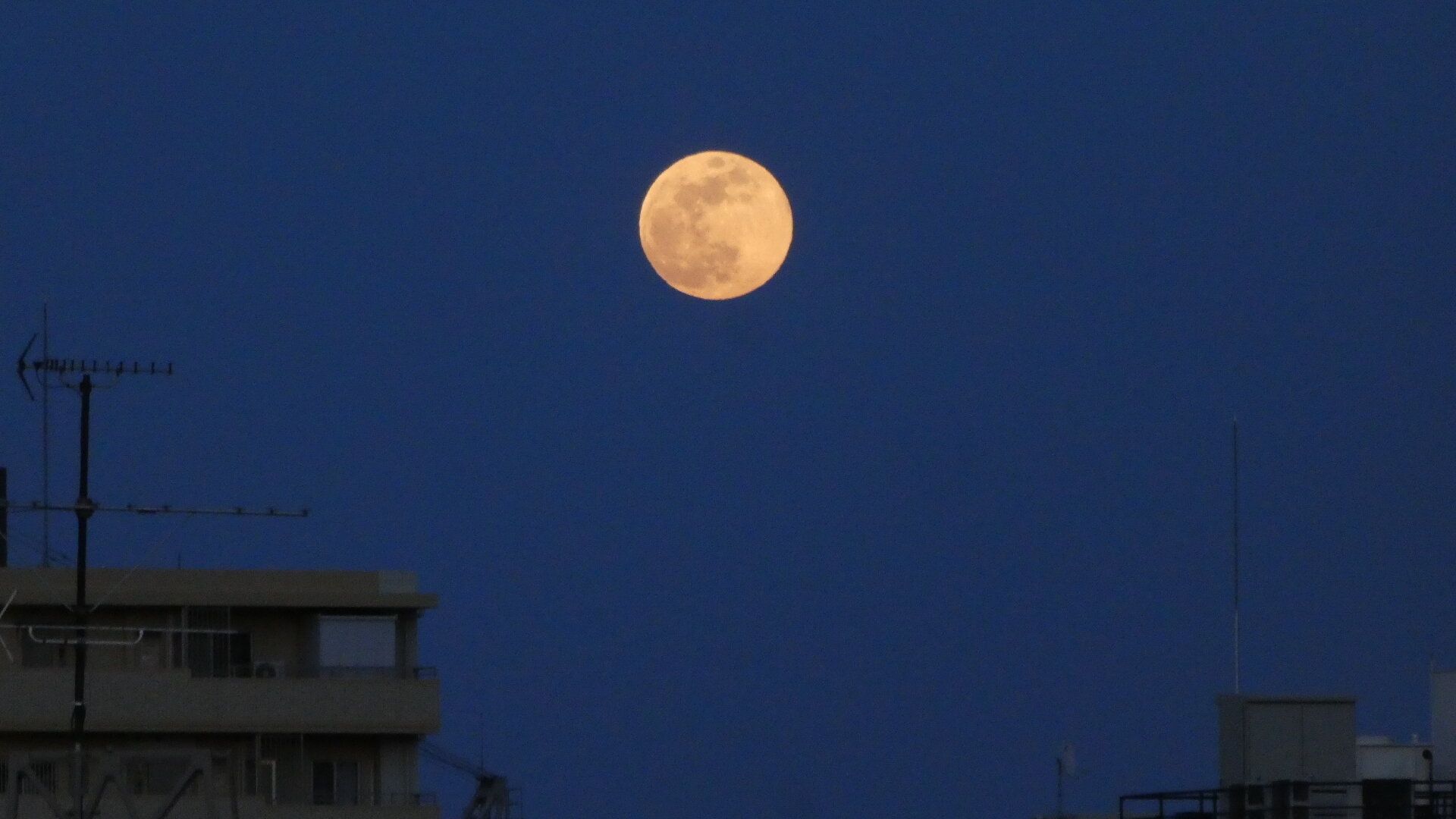 夕暮れの街に昇る満月