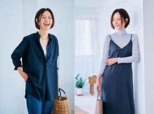 今月着たい、４０代のユニクロ『グレーのキャミソールワンピース』『ネイビーのシルク混チュニック』