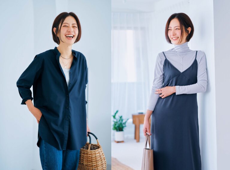 今月着たい、４０代のユニクロ『グレーのキャミソールワンピース』『ネイビーのシルク混チュニック』