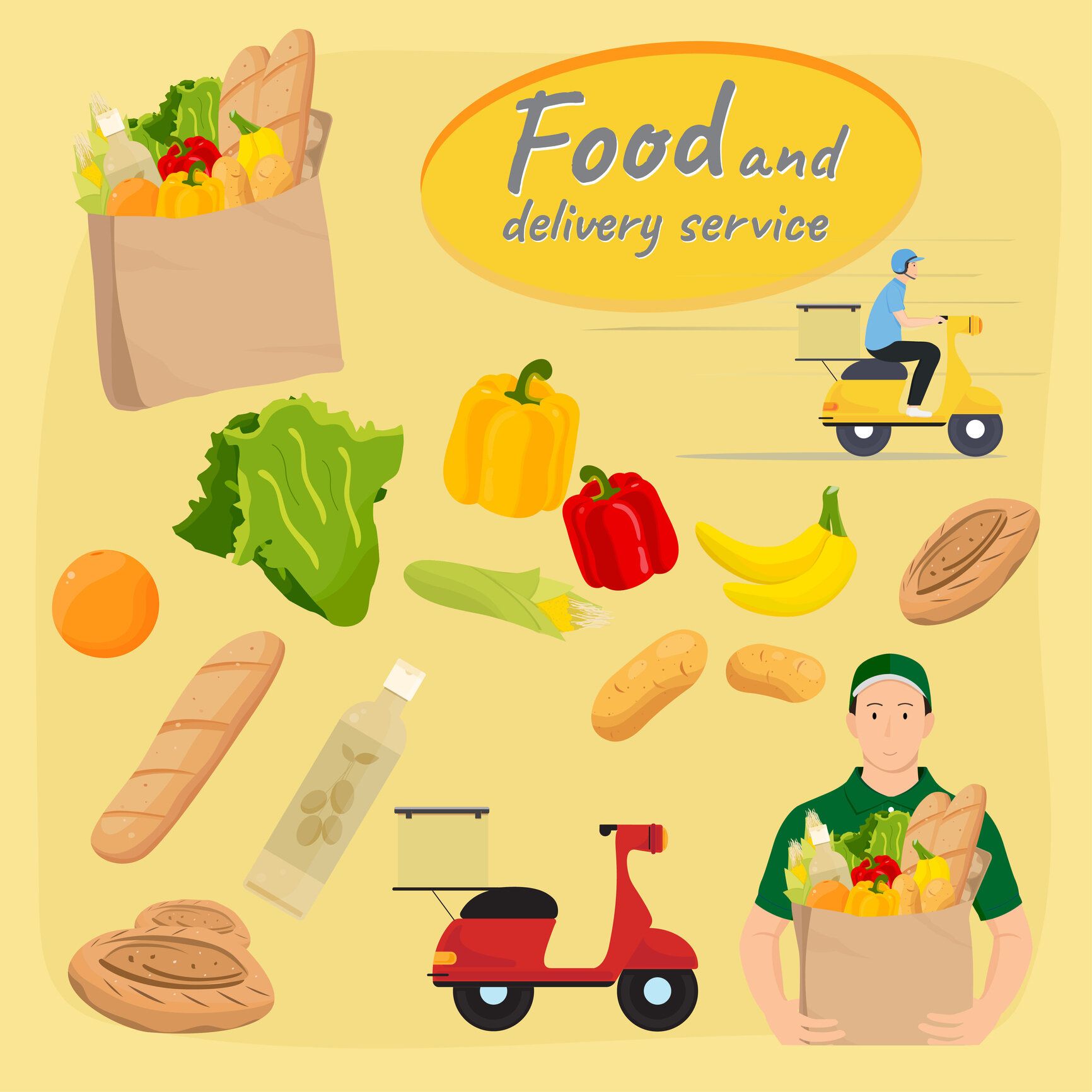 食料品および配送サービスのベクトルアイコンのセット