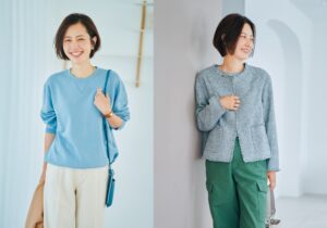 〈今月着たい！40代のユニクロ〉グレーのツイードジャケット＆メンズのブルーのスウェットシャツ