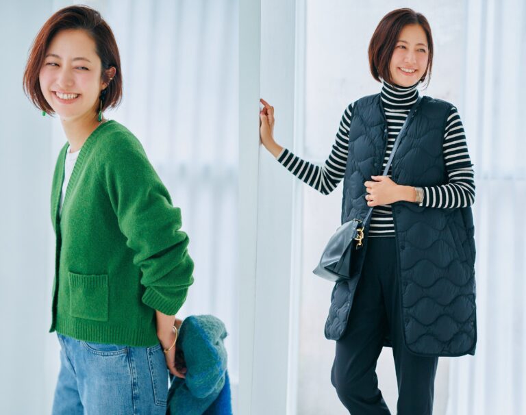 〈40代のユニクロ〉ブラックのダウンロングベスト＆グリーンのショートカーディガン