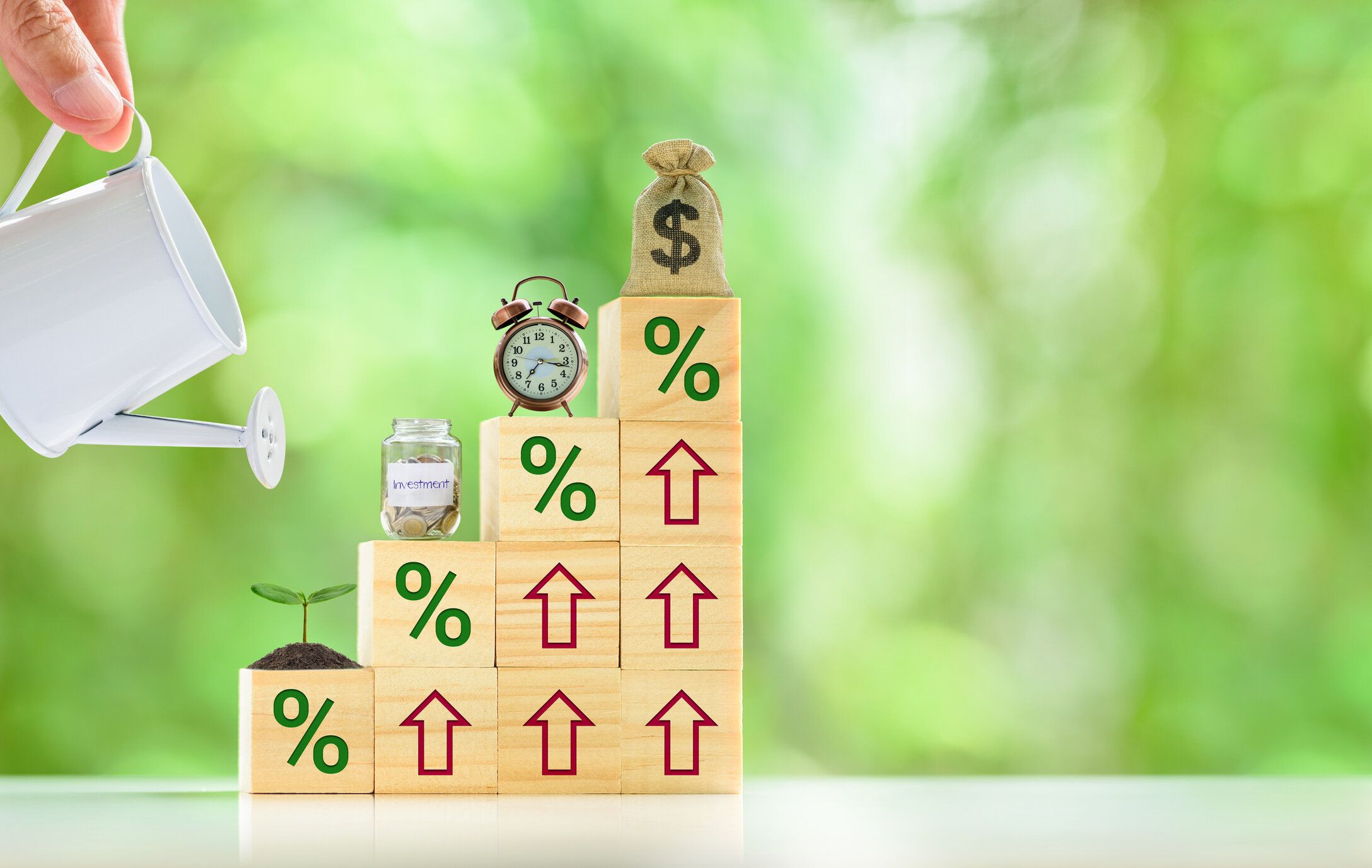 持続可能な成長のための長期投資、財務コンセプト:手で散水缶から小さな木、節約瓶、時計、上昇する高さの木立方体のスタックの上に米ドルの袋に水を注ぎます。