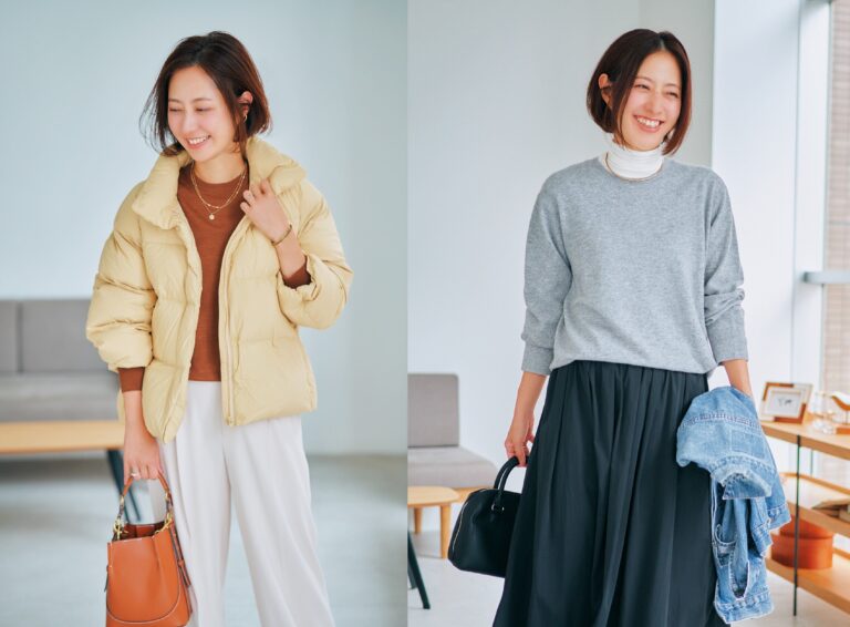 〈40代のユニクロ〉グレーのメンズのカシミヤセーター＆イエローのダウンジャケット