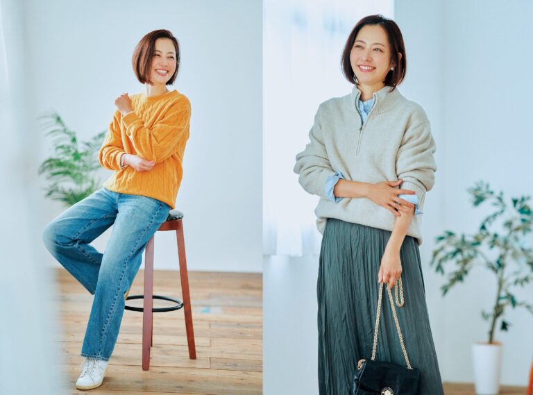 〈40代のユニクロ〉メンズのハーフジップセーター＆ブルーのワイドストレートジーンズ