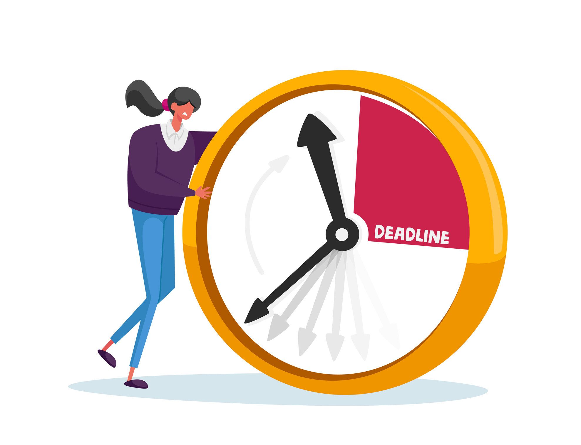 締切、業務プロセス組織の概念。巨大な目覚まし時計でビジネスウーマンキャラクター。時間管理