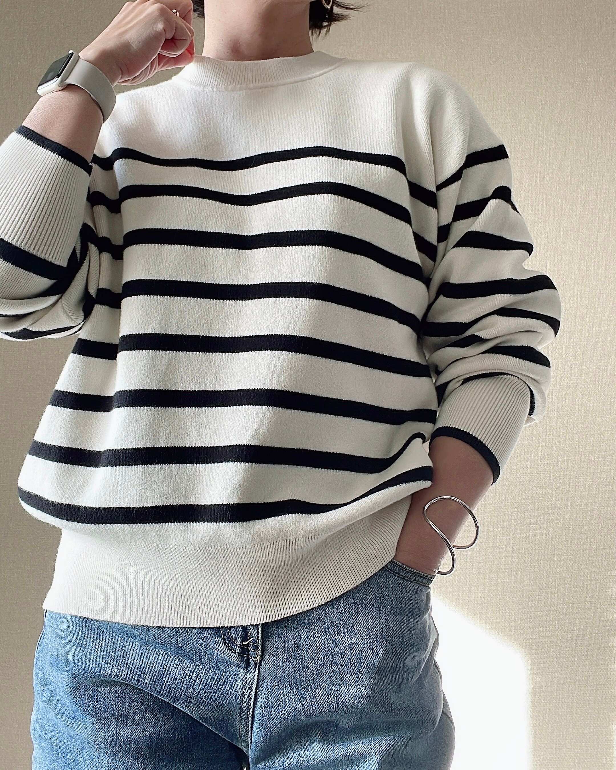 スムースコットンリラックスボーダークルーセーター（長袖）