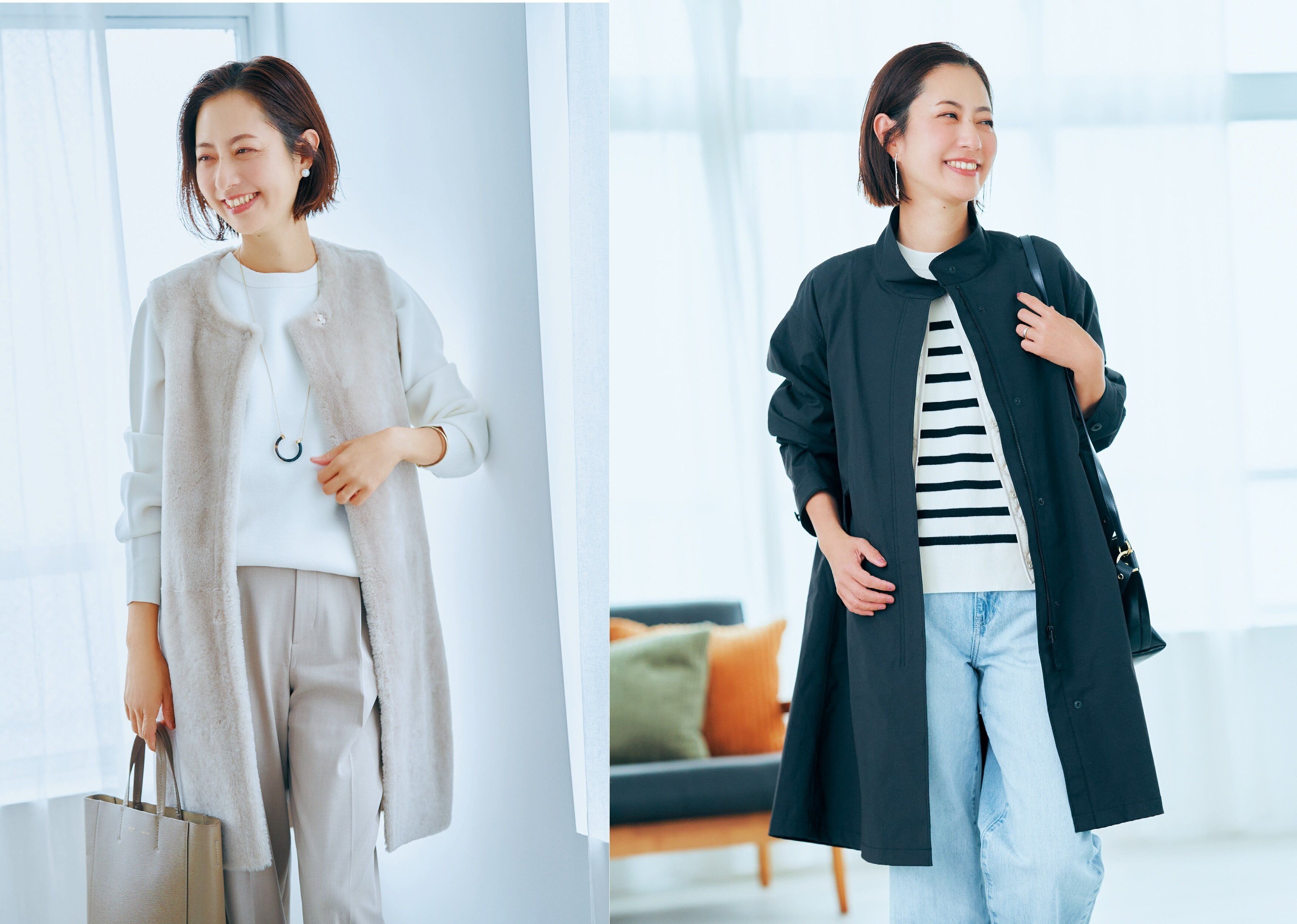 40代のユニクロ〉ブラックのモッズコート＆オフホワイトのクルーネック