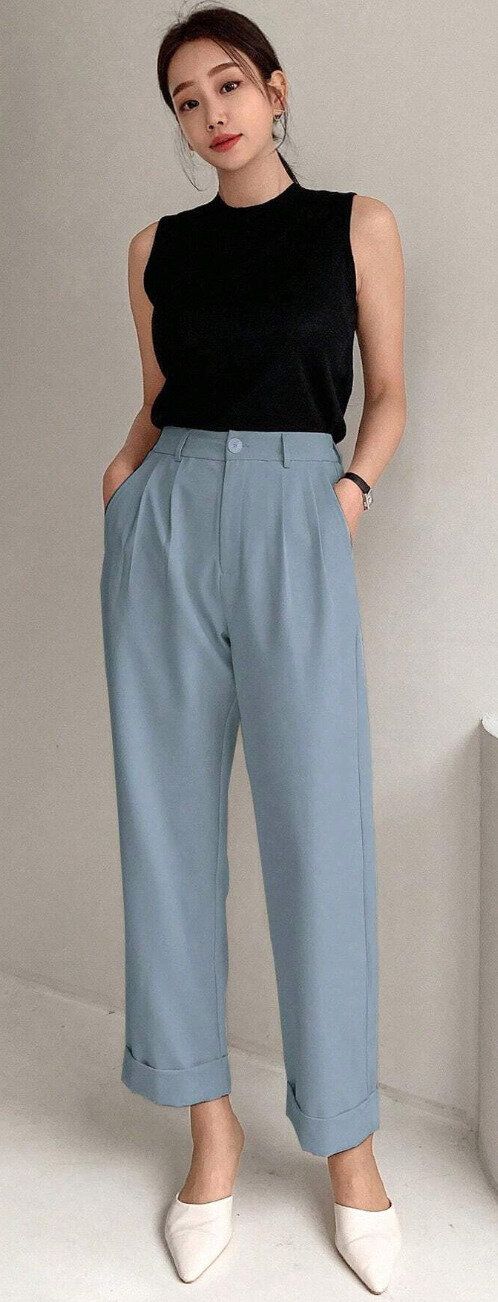 DAZY ハイウエスト ひだ ディティール ロールヘム パンツ