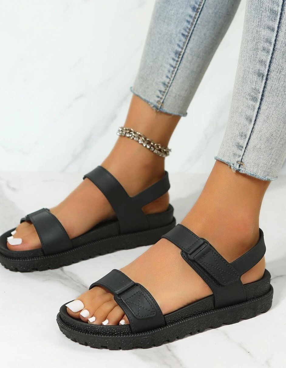 スポーティ ブラック サンダル 女性用 , ステッチ詳細 マジックテープ スポーツサンダル