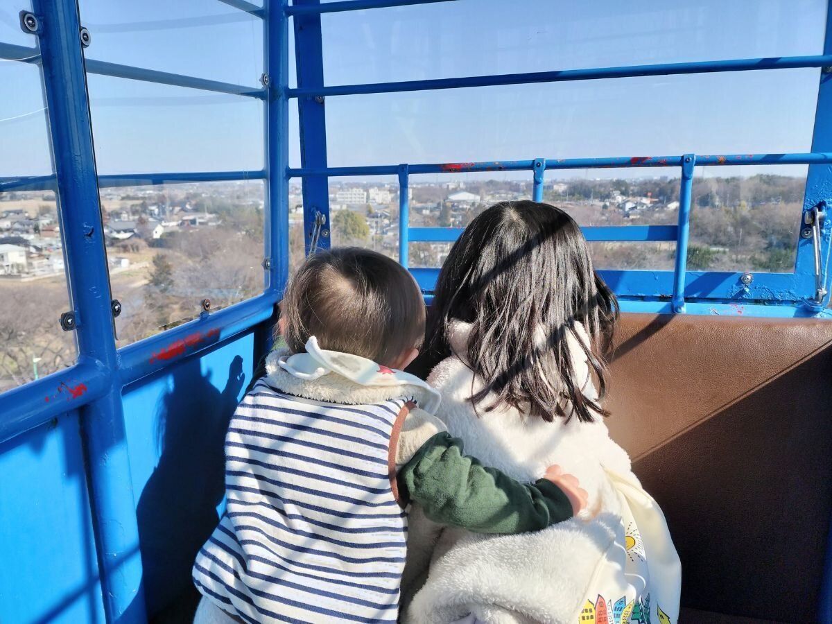 観覧車の中で寄り添うきょうだい