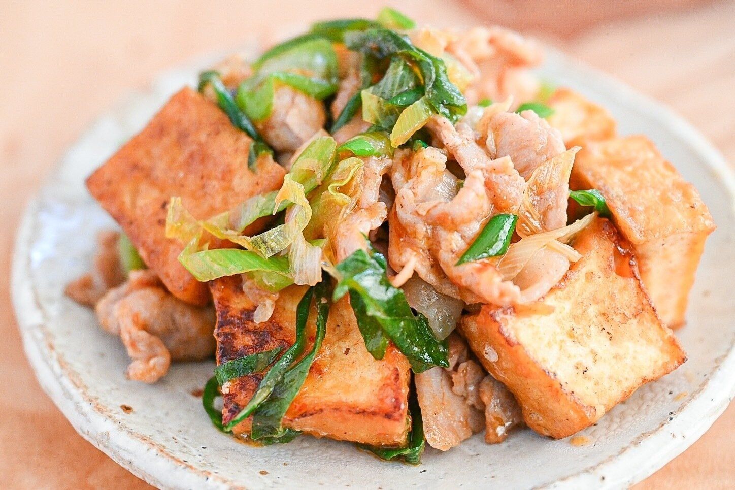 皿に盛られた厚揚げで作ったシオンジャン豆腐