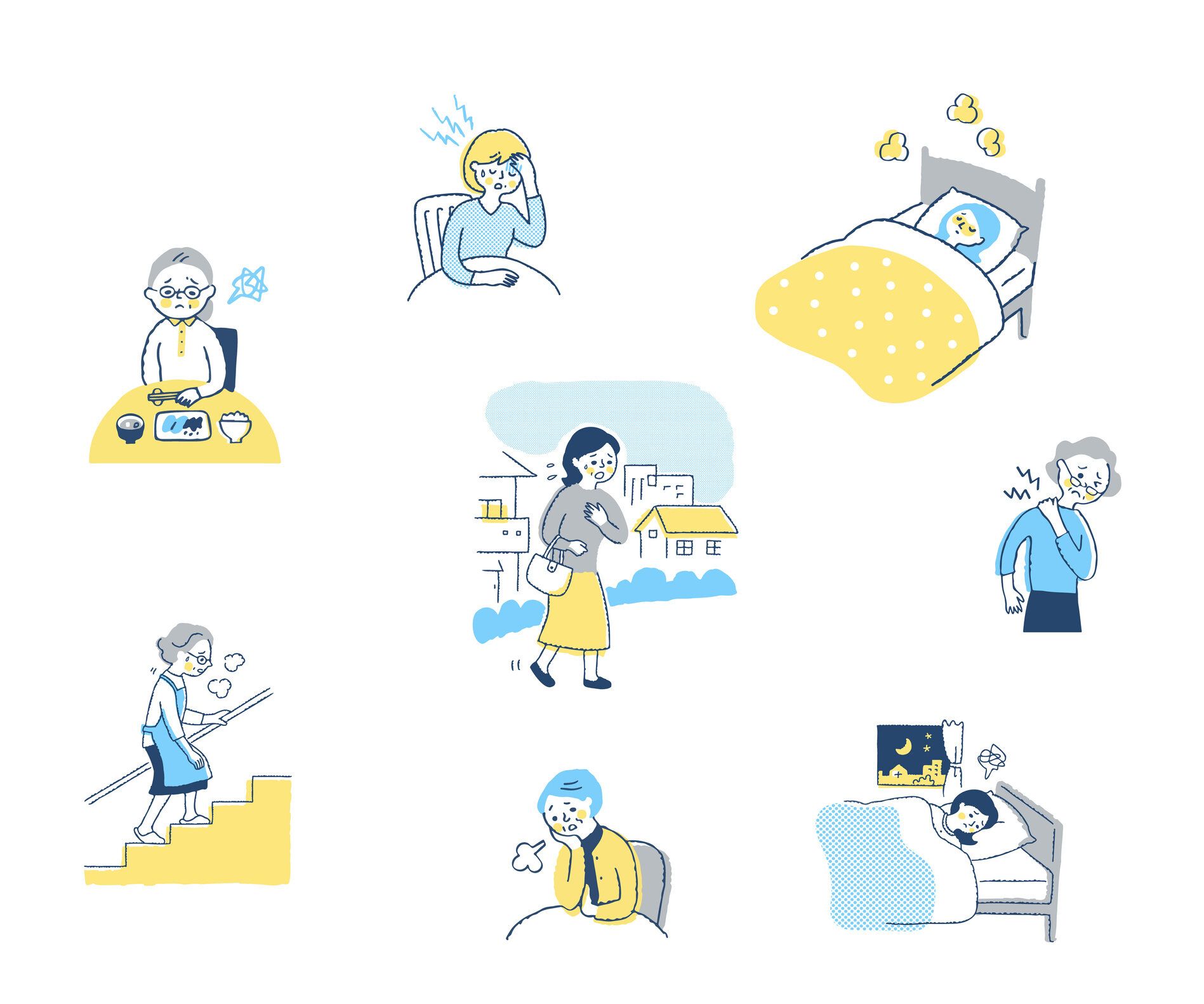 体調不良の女性の様々な情景イラストのセット