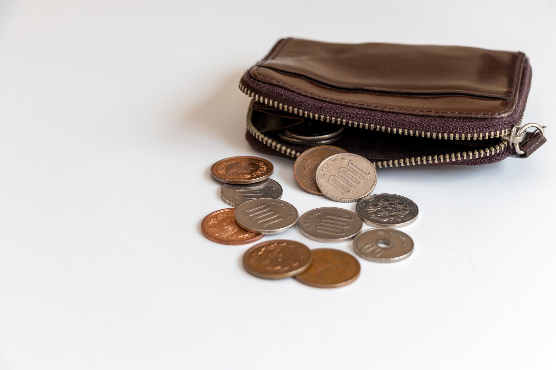 机の上の小銭入れと小銭