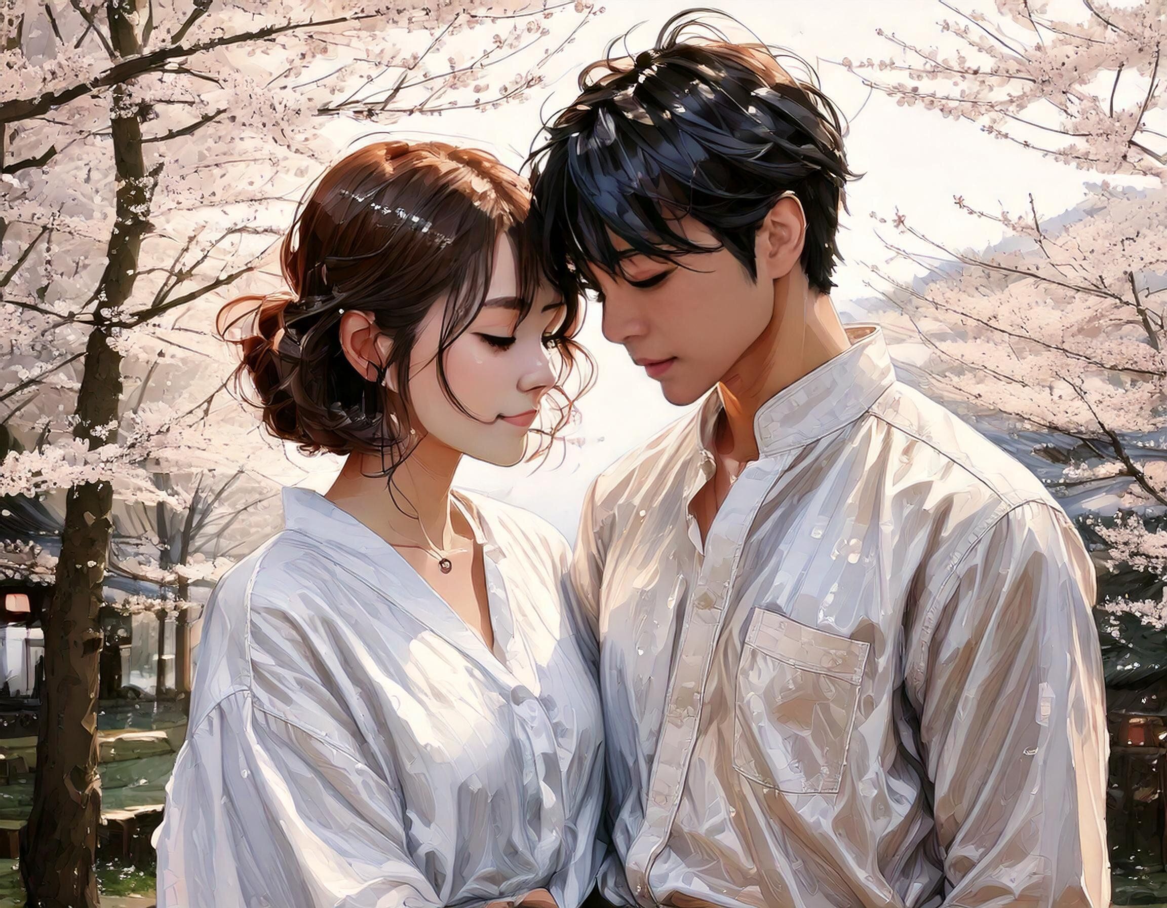 穏やかな公園の中で、寄り添っている若い日本人の男女