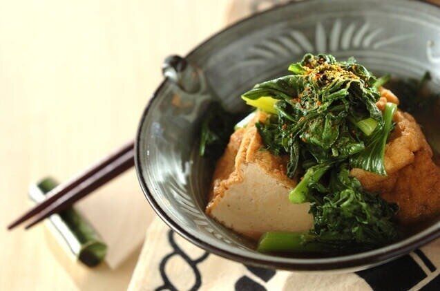 春菊入り青菜と厚揚げのサッと煮