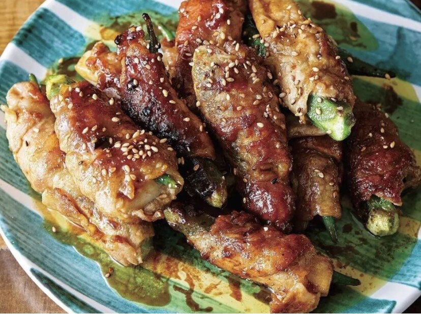 エリンギとオクラの豚巻きカレーしょうゆ味