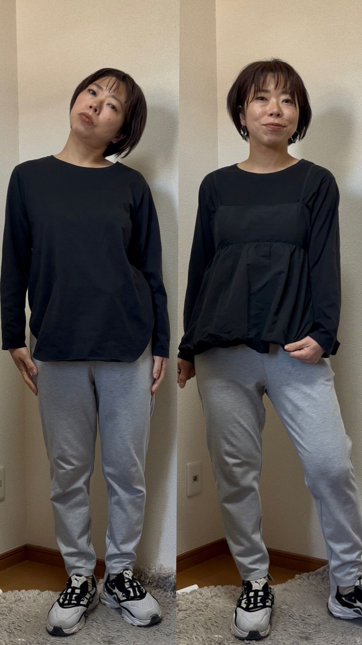 黒のTシャツ、キャミソールスウェットのコーデ