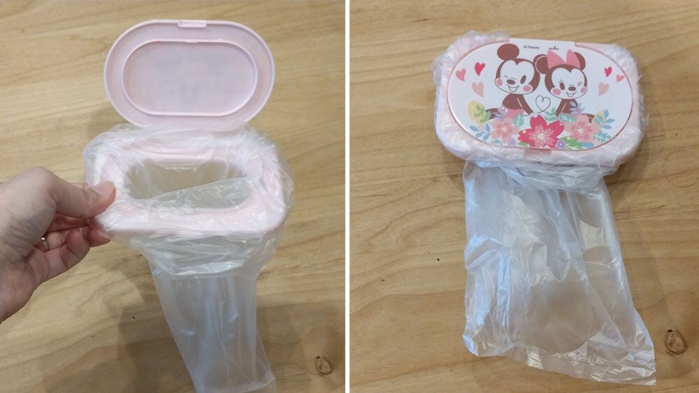 ウェットティッシュの蓋にゴミ袋を取り付けた