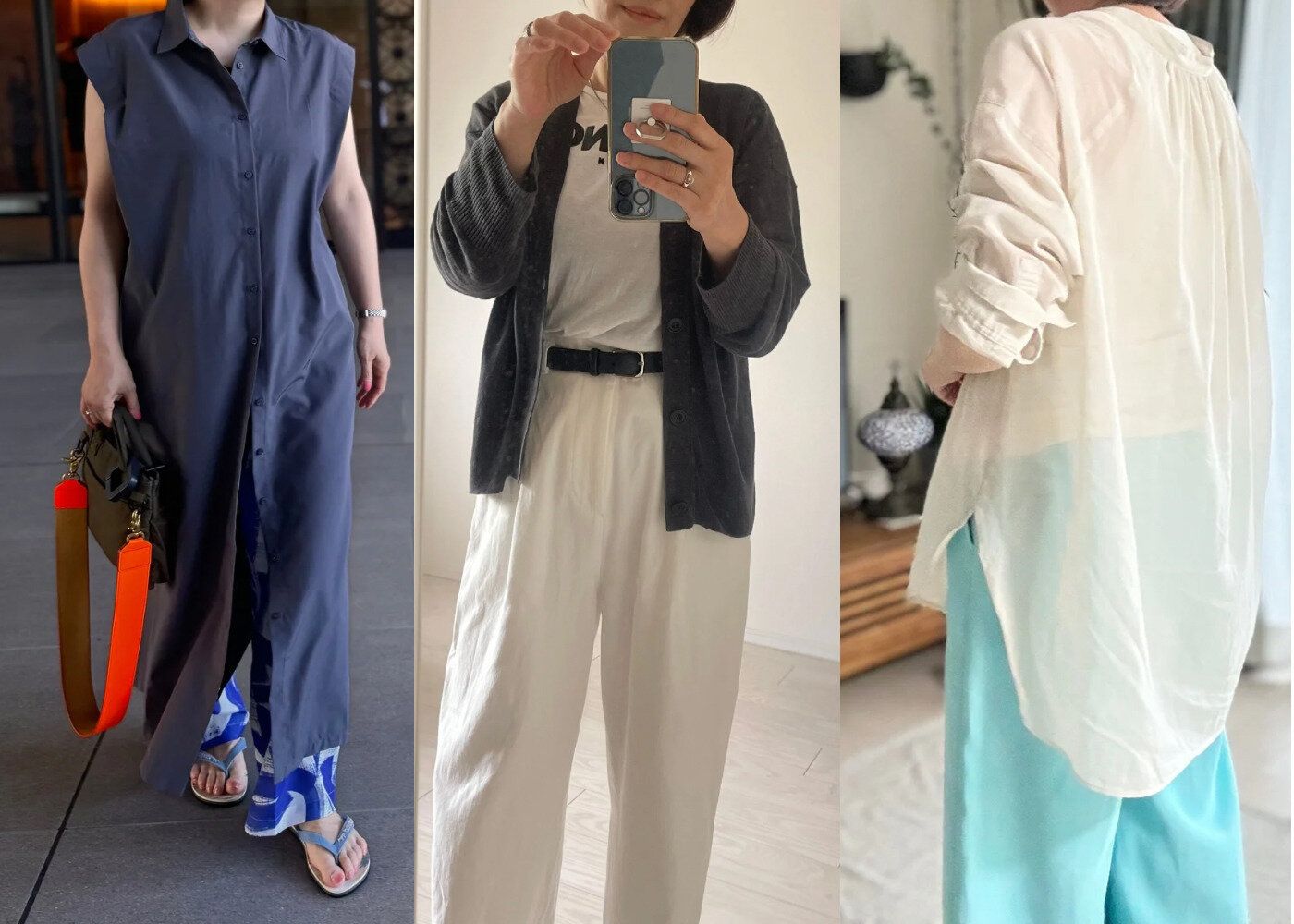 グレーワンピースと白パンツコーデとシアーシャツコーデ