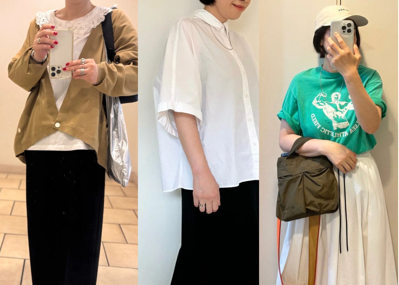 白Tシャツと白シャツと緑のTシャツ