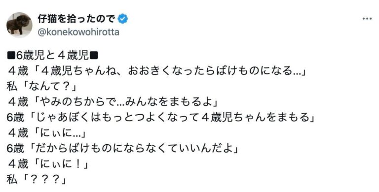 「やみのちからで　みんなをまもる」ママの前で見せた4歳と6歳の素敵なきょうだい愛！「どっちも優しい世界」と感動する人続出！