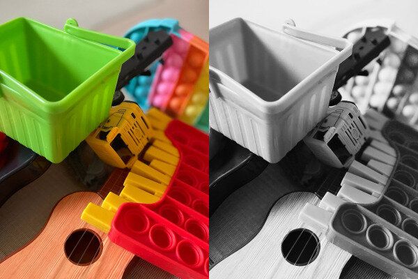 色が多いと情報も多く疲れる例（カラフルな写真とモノクロ写真の比較画像）