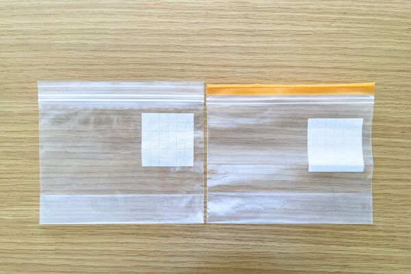 フリーザーバッグ「小」と「S」1枚ずつを並べ比較した写真