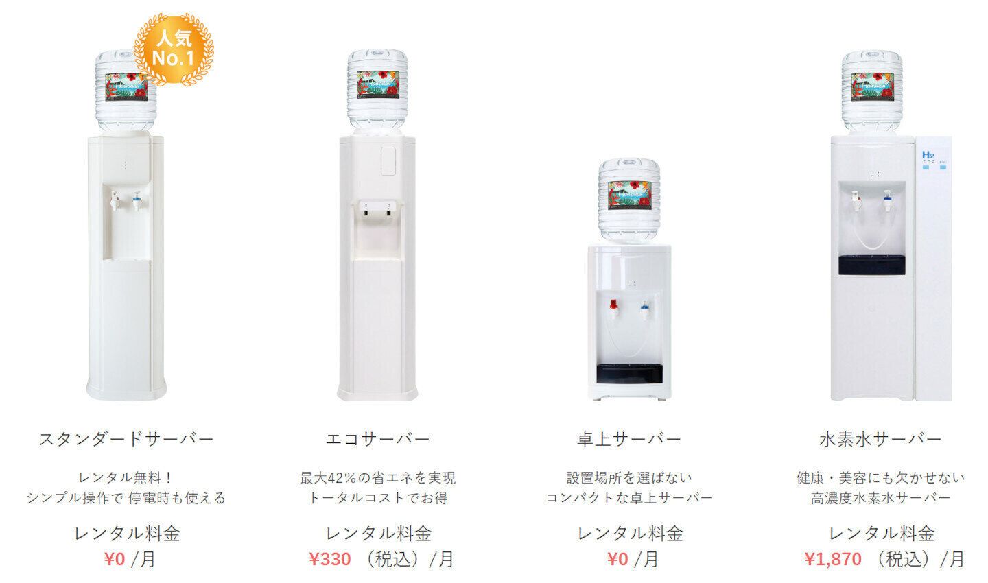 4種類のサーバー、2種類のボトルサイズから選べる