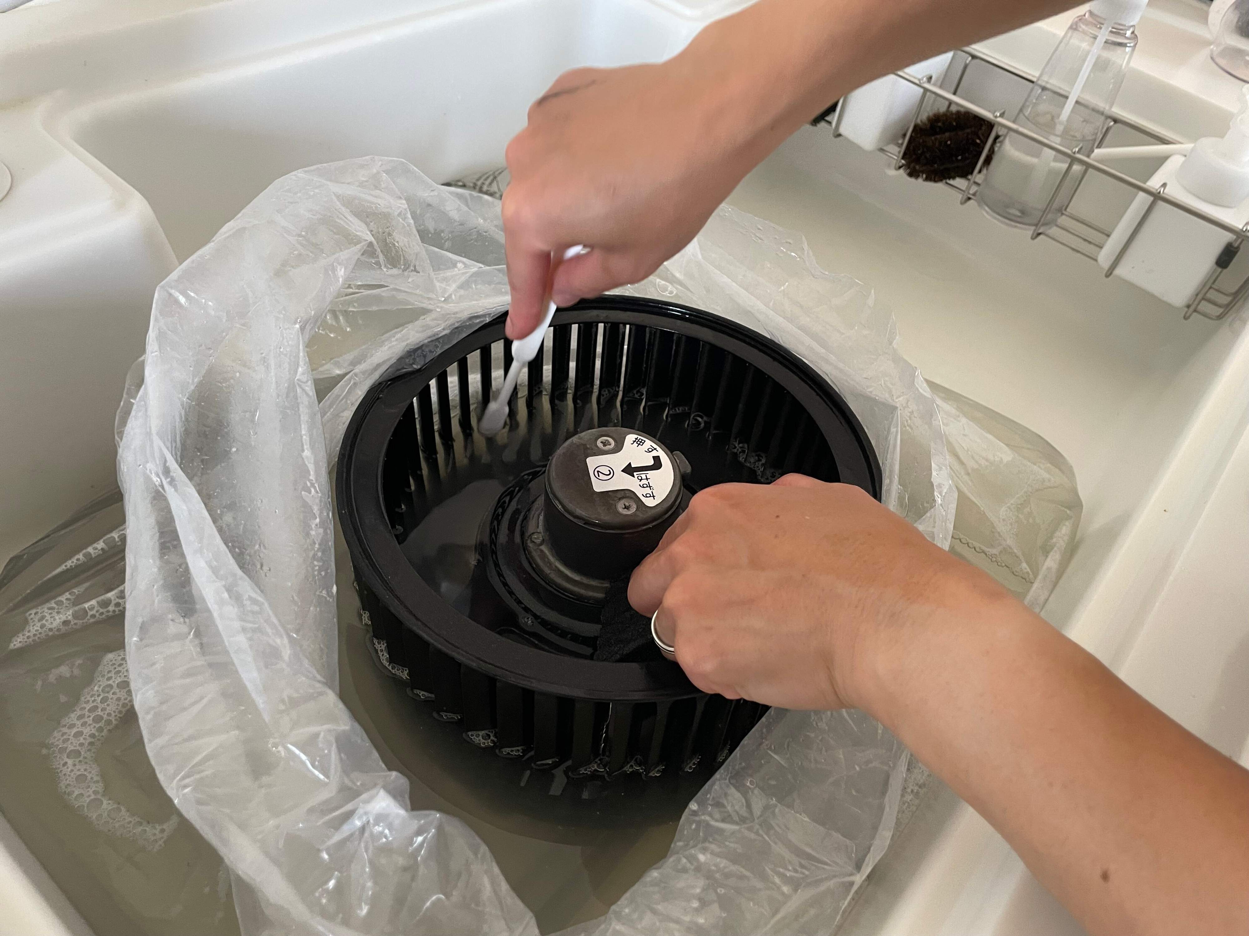 スポンジとブラシでこする