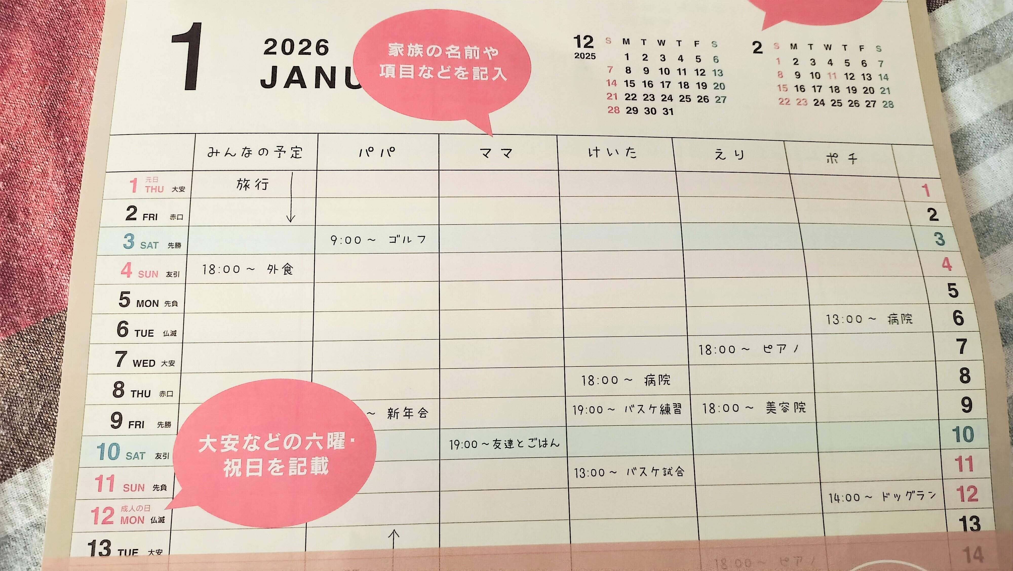 曜日の色分けがされている