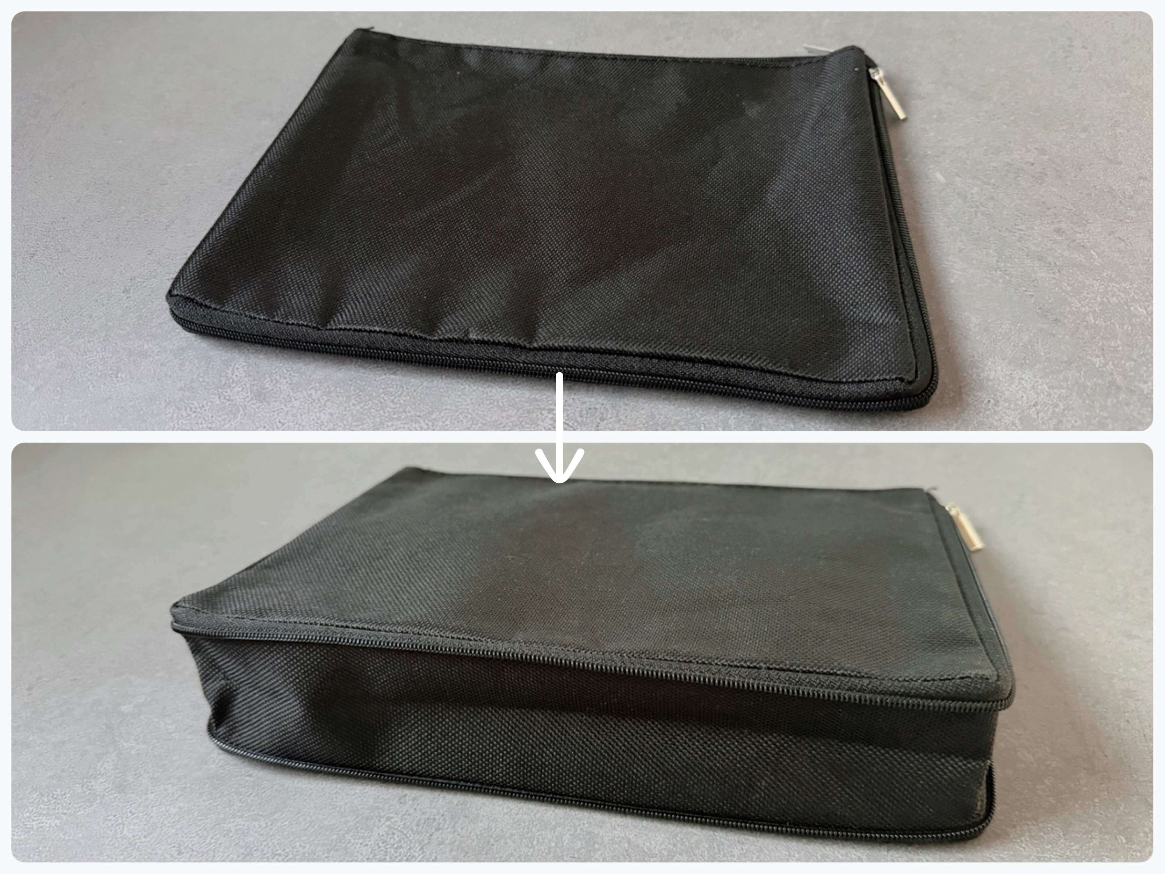 ファスナー付きでマチを広げられる