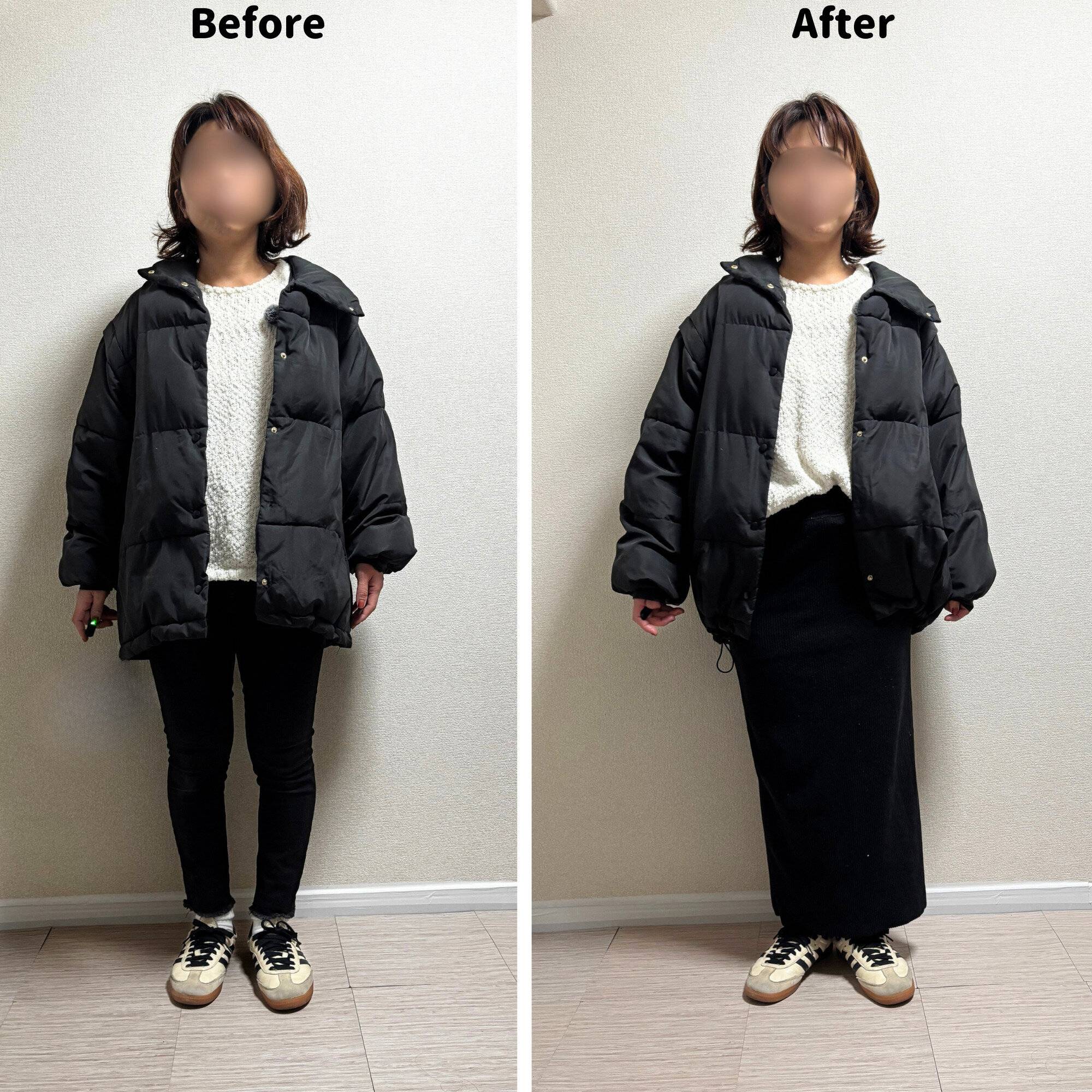 ダウンコートにスキニーパンツとIラインスカートを合わせた時の違い