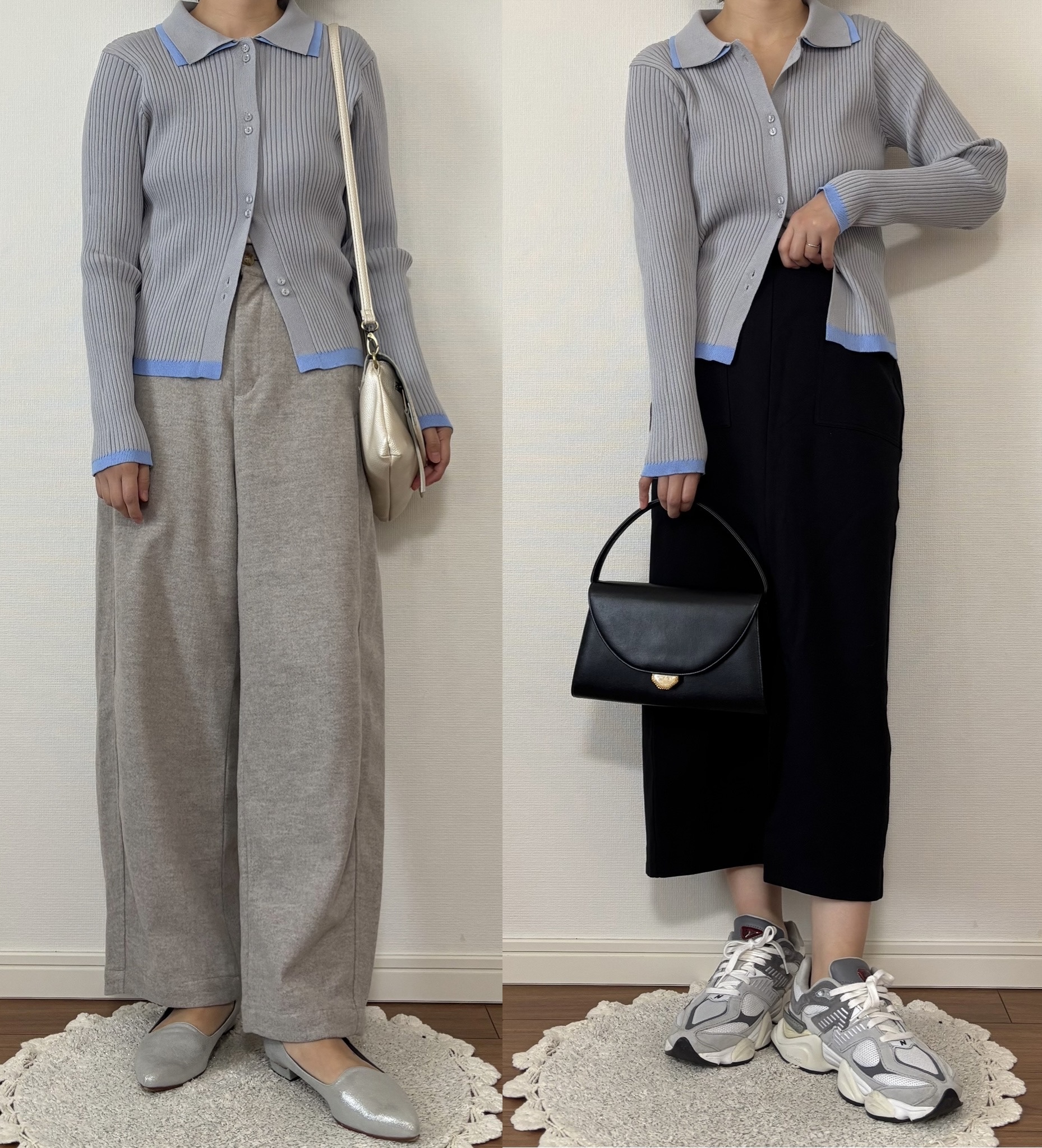 カーディガンの下のボタンを開けて着こなした画像