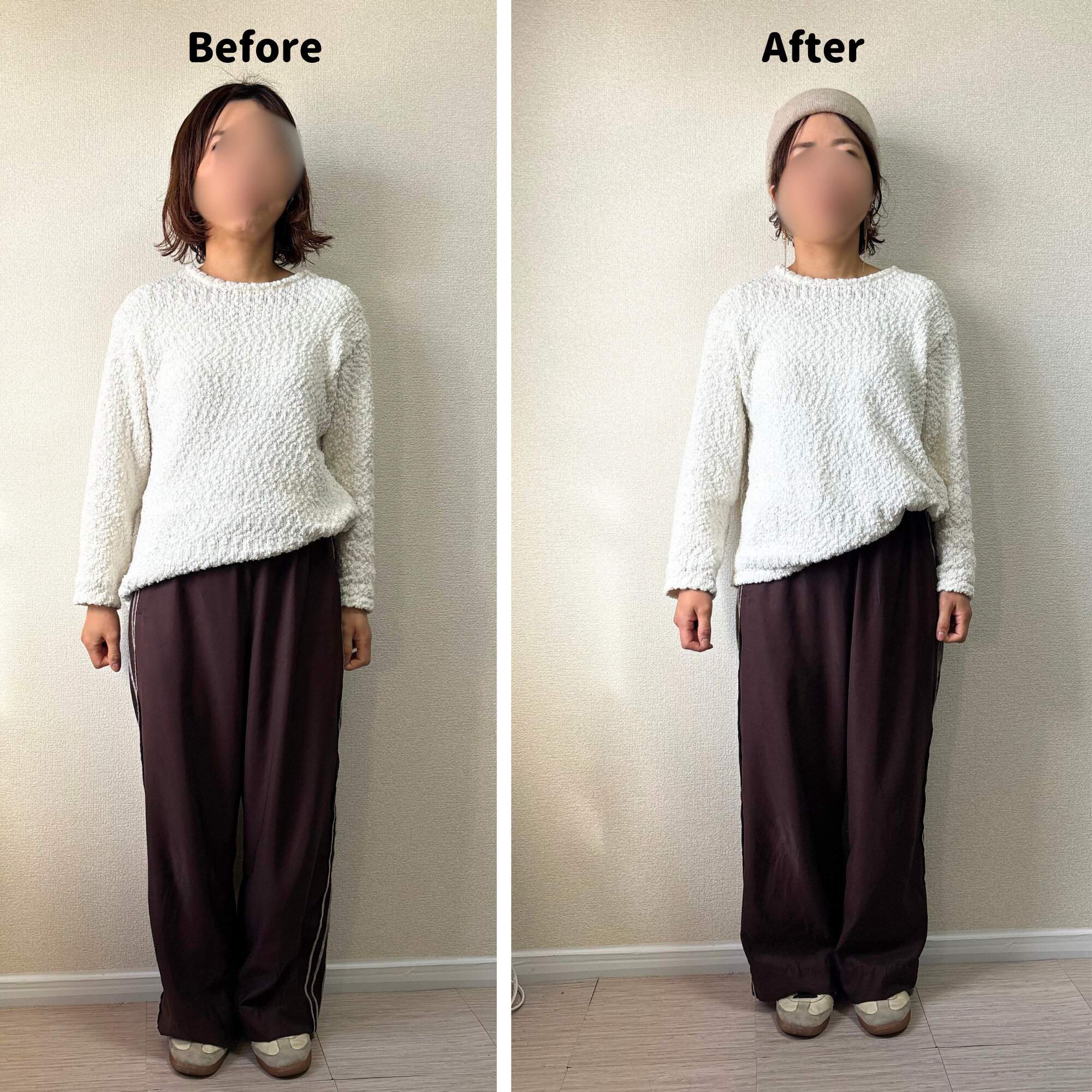 ニット帽、ピアスをした時の比較