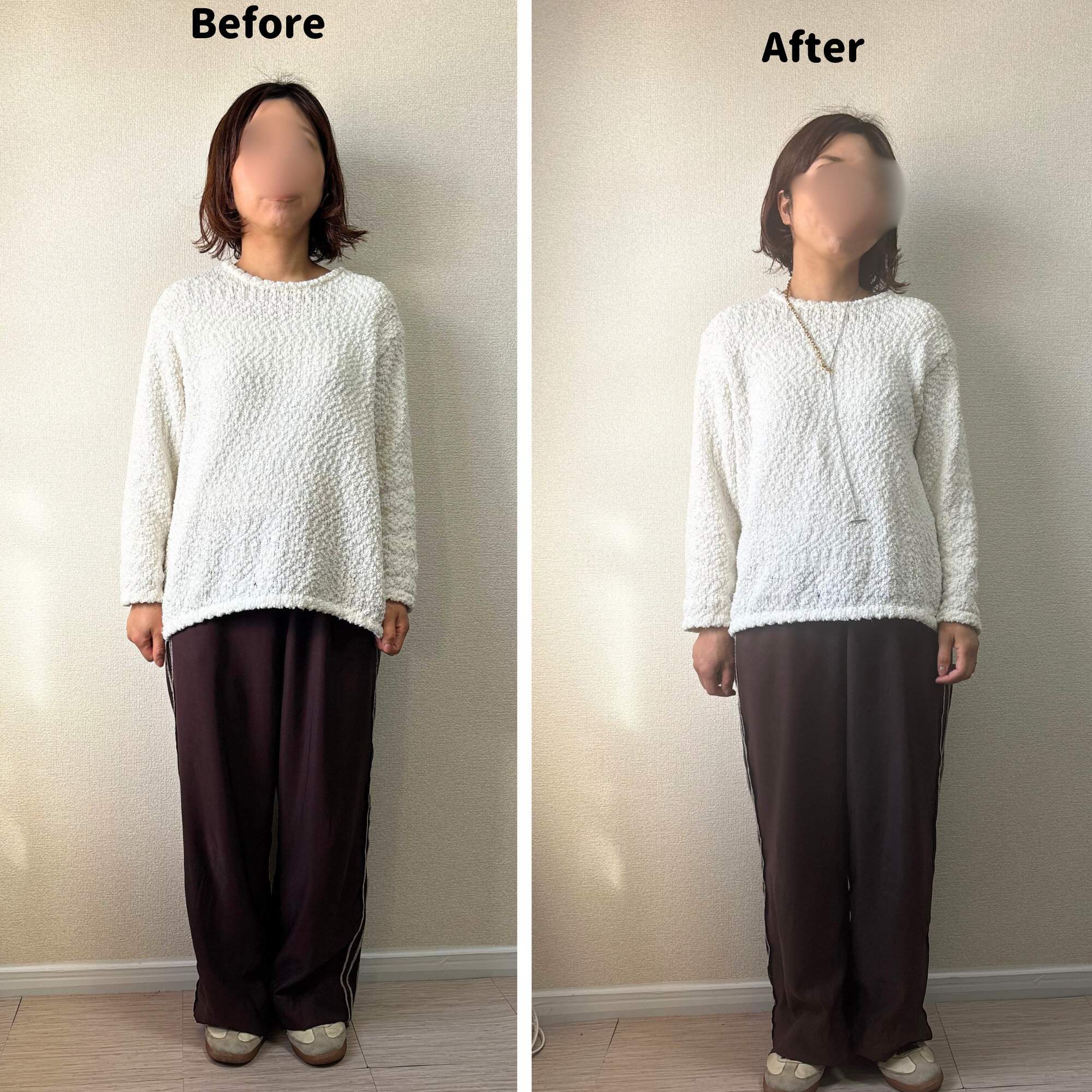 縦ラインのネックレスをつけた時の比較