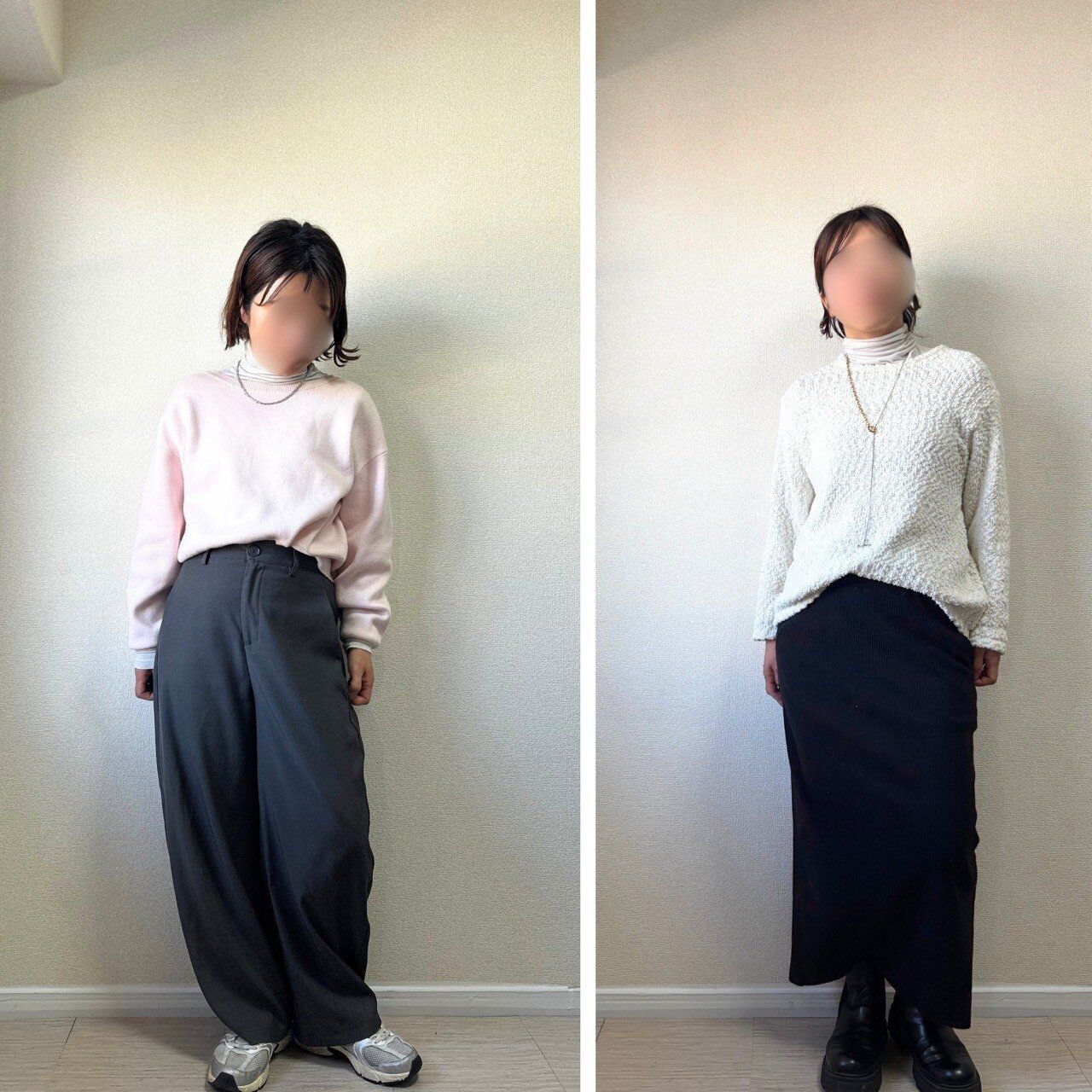 ピンクのニットと白のニットに合わせたコーデ