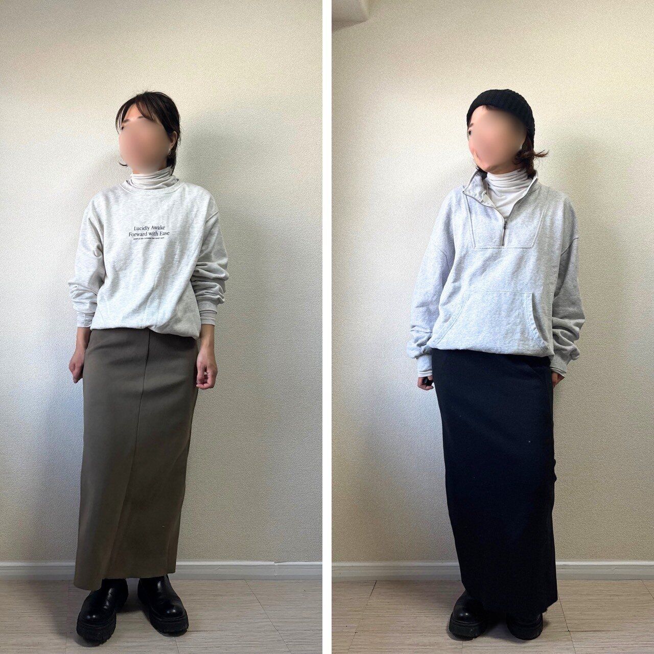 クルーネックのスウェットとハーフジップのスウェットに合わせたコーデ