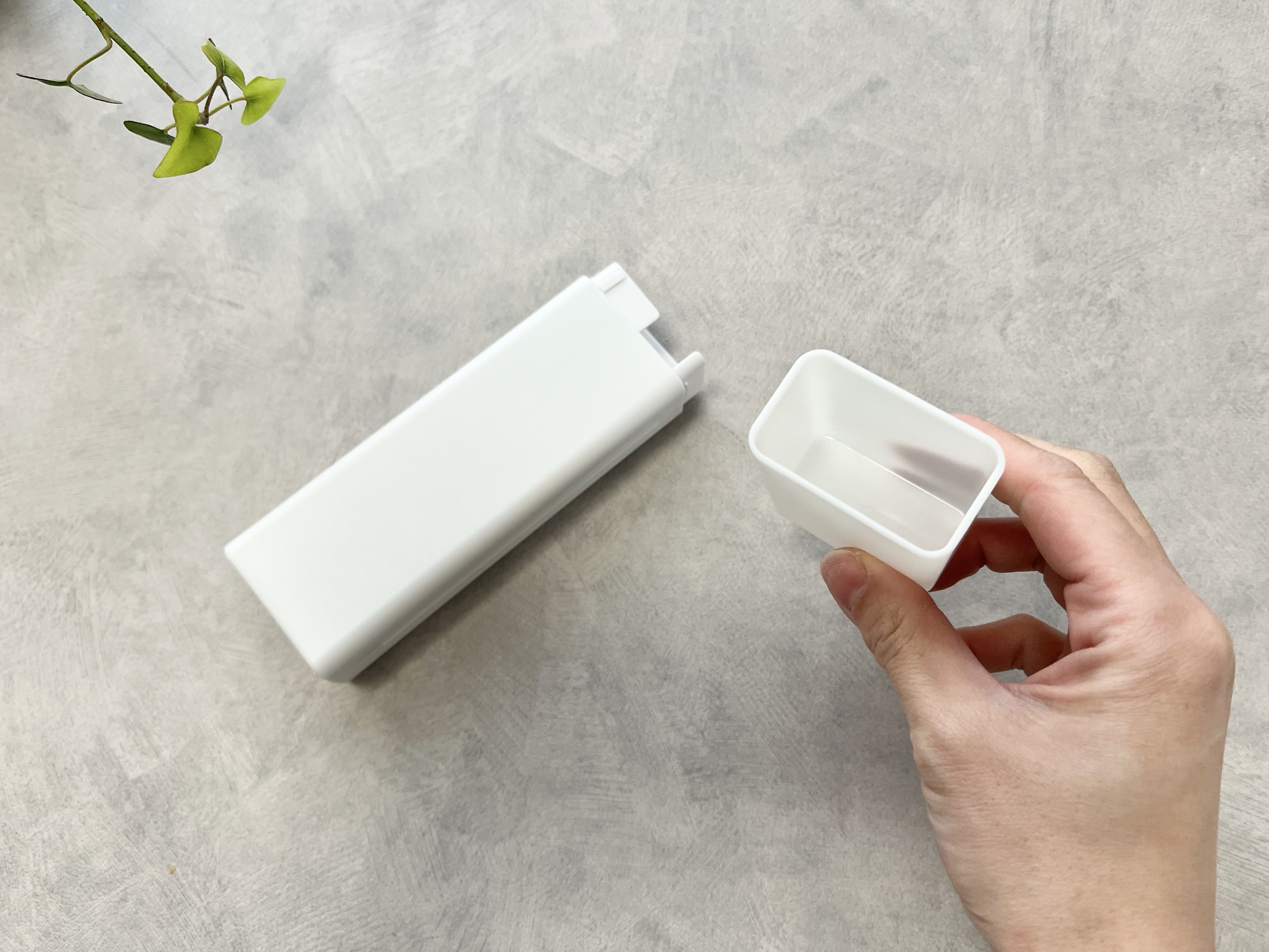 セリアの「コップ付き 立つ歯ブラシケース」を手に持った画像